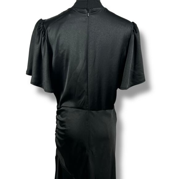 Chelsea28 Black Satin Flutter Sleeve Asymmetric Maxi Length Dress Womens Size M - Picture 9 of 11